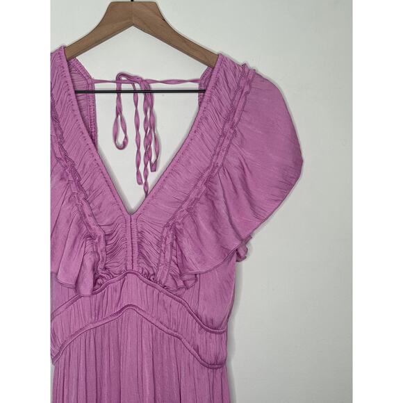 Joie Satin Midi Dress Purple Smocked Ruffle V Neck Womens Medium - Picture 3 of 8